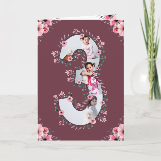 Big 3rd Birthday Girl Photo Collage Pink Flower Card (Front)