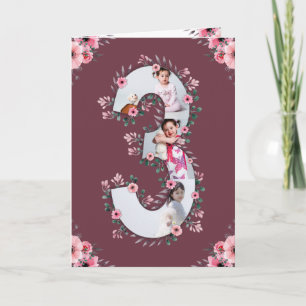 Big 3rd Birthday Girl Photo Collage Pink Flower Card