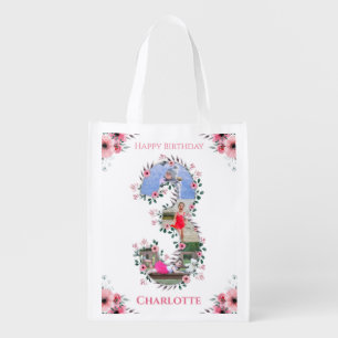 Big 3rd Birthday Girl Photo Collage Pink Flower Grocery Bag