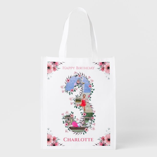 Big 3rd Birthday Girl Photo Collage Pink Flower Grocery Bag (Front)