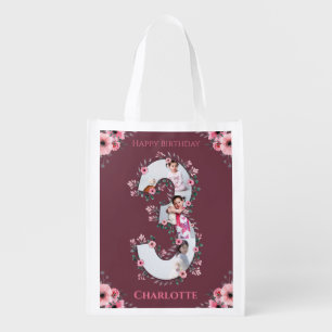 Big 3rd Birthday Girl Photo Collage Pink Flower Grocery Bag