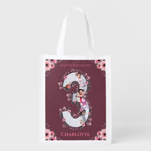 Big 3rd Birthday Girl Photo Collage Pink Flower Grocery Bag (Front)