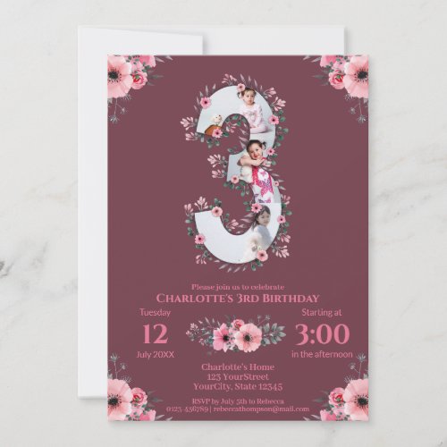 Big 3rd Birthday Girl Photo Collage Pink Flower In Invitation