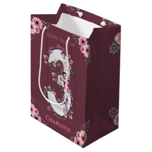 Big 3rd Birthday Girl Photo Collage Pink Flower Medium Gift Bag