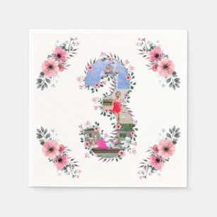 Big 3rd Birthday Girl Photo Collage Pink Flower Napkins