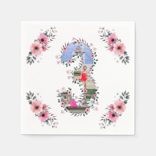 Big 3rd Birthday Girl Photo Collage Pink Flower Napkins (Front)