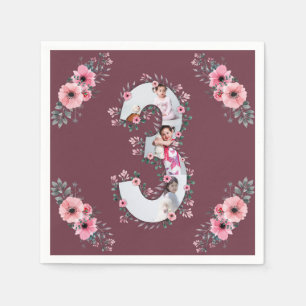 Big 3rd Birthday Girl Photo Collage Pink Flower Napkins