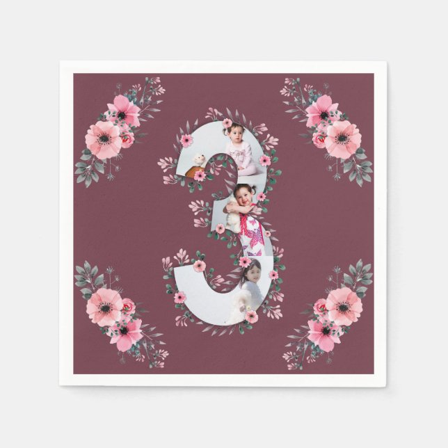 Big 3rd Birthday Girl Photo Collage Pink Flower Napkins (Front)