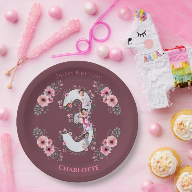 Big 3rd Birthday Girl Photo Collage Pink Flower Paper Plates (Party)