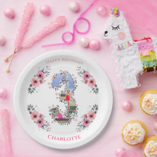 Big 3rd Birthday Girl Photo Collage Pink Flower Paper Plates
