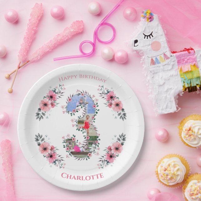 Big 3rd Birthday Girl Photo Collage Pink Flower Paper Plates (Party)
