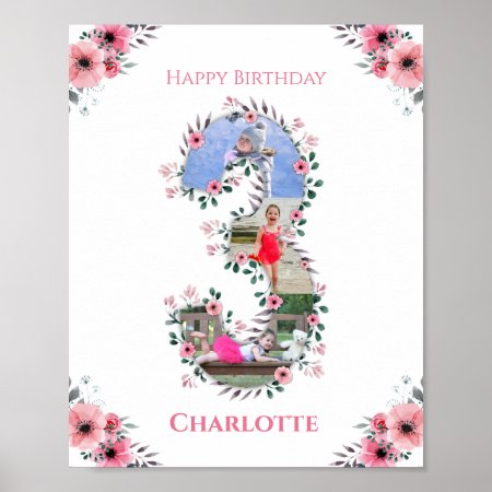 Big 3rd Birthday Girl Photo Collage Pink Flower Poster