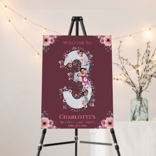 Big 3rd Birthday Girl Photo Pink Flower Welcome Foam Board
