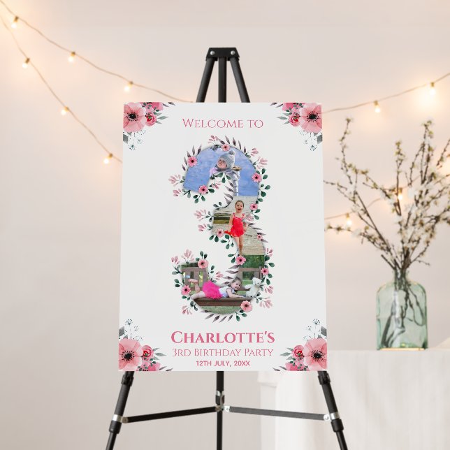 Big 3rd Birthday Girl Photo Pink Flower Welcome Foam Board (In Situ (Stand))