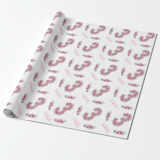 Big 3rd Birthday Green Foliage Girl Pink Flowers Wrapping Paper (Unrolled)