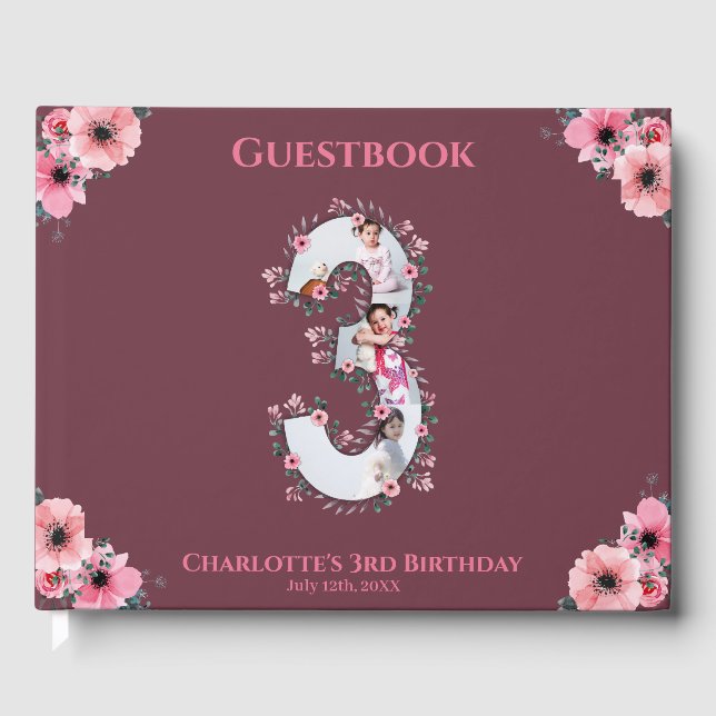 Big 3rd Birthday Photo Collage Flower Girl Pink Guest Book (Front)