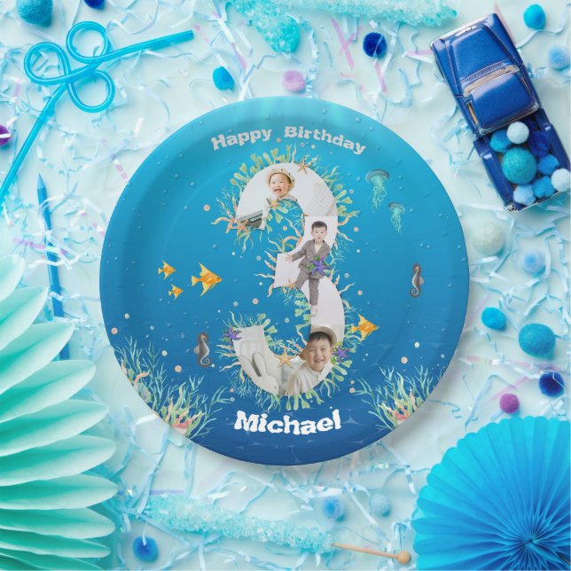 Big 3rd Birthday Photo Collage Under The Sea Paper Plates (Party)