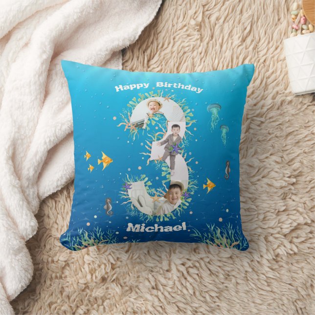 Big 3rd Birthday Photo Collage Under The Sea Throw Pillow (Blanket)