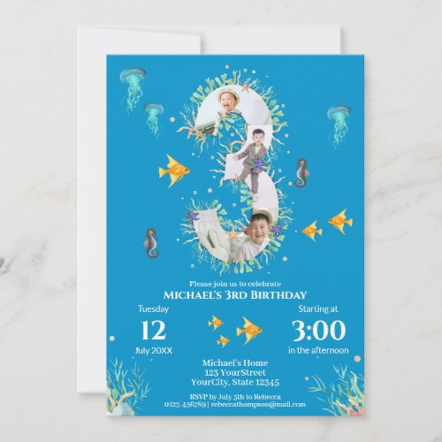 Big 3rd Photo Collage Birthday Under The Sea Invitation