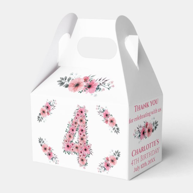 Big 4th Birthday Girl Green Foliage Pink Flowers Favor Boxes (Front Side)
