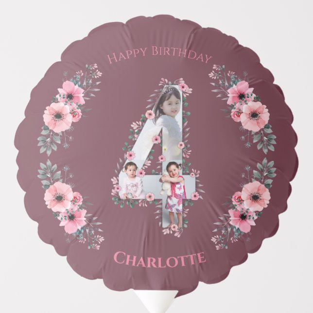 Big 4th Birthday Girl Photo Collage Pink Flower Balloon (Front)