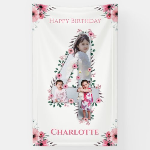 Big 4th Birthday Girl Photo Collage Pink Flower Banner
