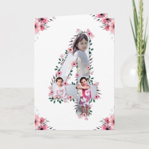 Big 4th Birthday Girl Photo Collage Pink Flower Card