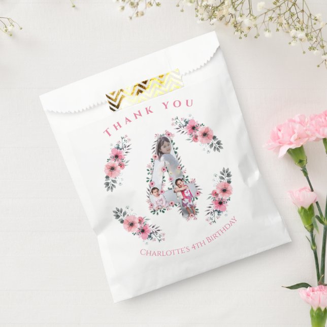 Big 4th Birthday Girl Photo Collage Pink Flower Favor Bag (Sealed)