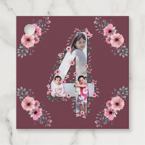 Big 4th Birthday Girl Photo Collage Pink Flower Favor Tags