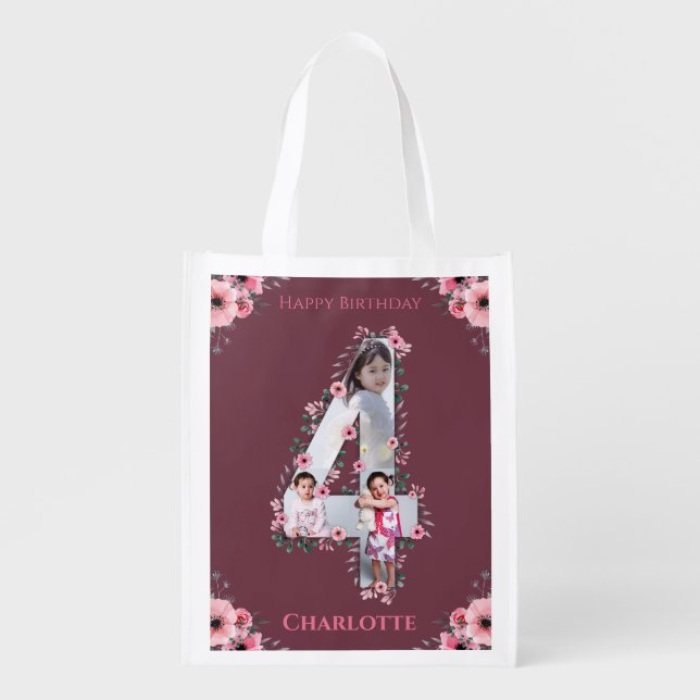 Big 4th Birthday Girl Photo Collage Pink Flower Grocery Bag (Front)