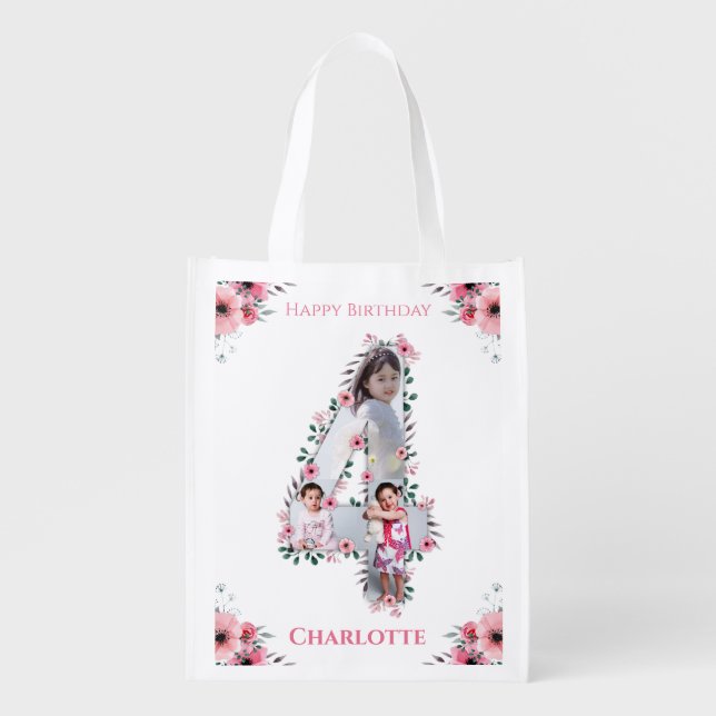 Big 4th Birthday Girl Photo Collage Pink Flower Grocery Bag (Front)