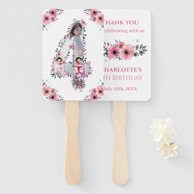 Big 4th Birthday Girl Photo Collage Pink Flower Hand Fan (Front and Back)