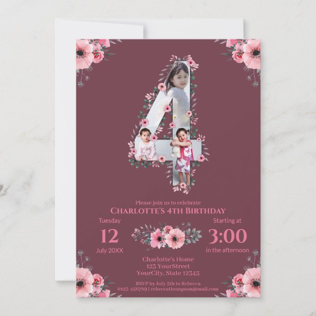 Big 4th Birthday Girl Photo Collage Pink Flower Invitation (Front)