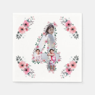Big 4th Birthday Girl Photo Collage Pink Flower Napkins