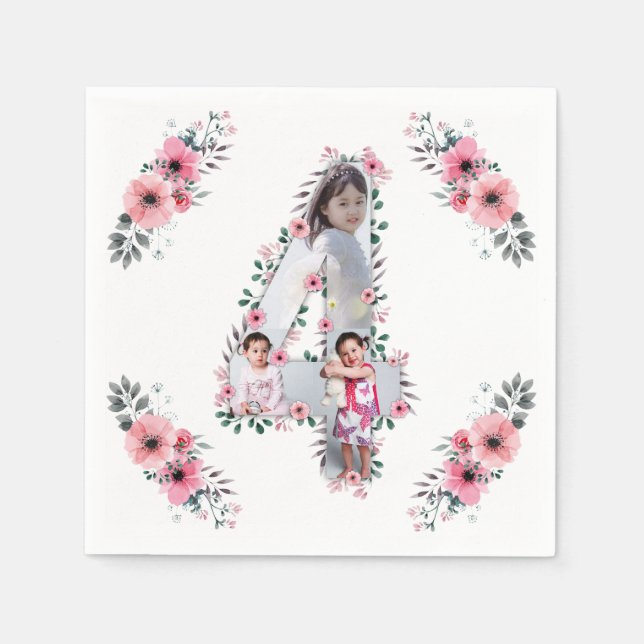 Big 4th Birthday Girl Photo Collage Pink Flower Napkins (Front)