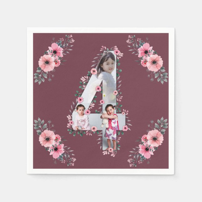 Big 4th Birthday Girl Photo Collage Pink Flower Napkins (Front)