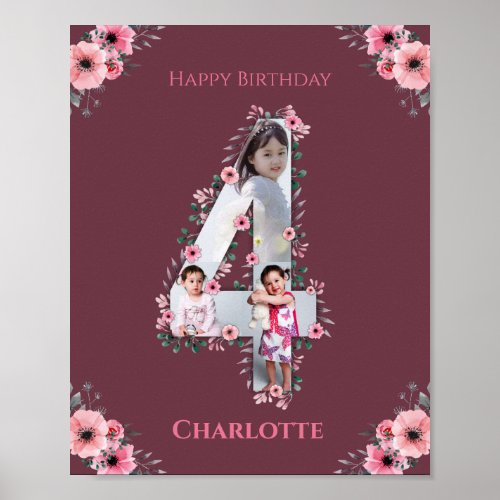 Big 4th Birthday Girl Photo Collage Pink Flower Poster