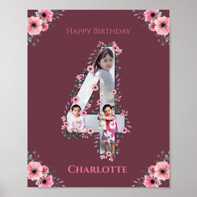 Big 4th Birthday Girl Photo Collage Pink Flower Poster (Front)
