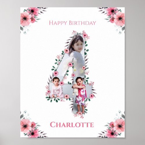 Big 4th Birthday Girl Photo Collage Pink Flower Poster