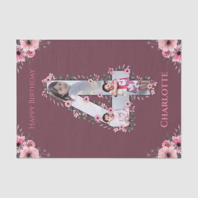 Big 4th Birthday Girl Photo Collage Pink Flower Tissue Paper (Front)