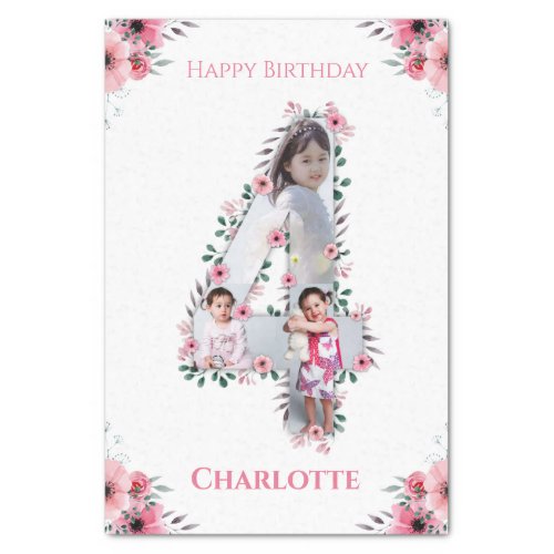 Big 4th Birthday Girl Photo Collage Pink Flower Tissue Paper