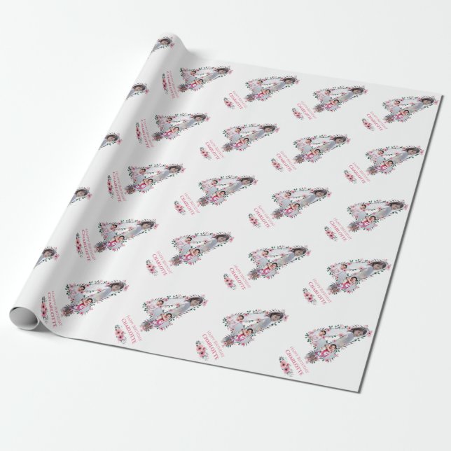 Big 4th Birthday Girl Photo Collage Pink Flower Wrapping Paper (Unrolled)