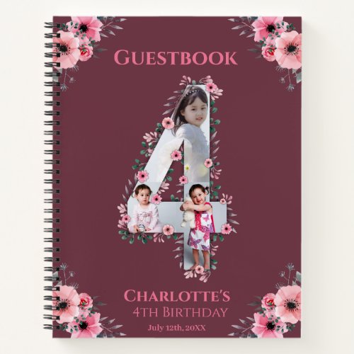 Big 4th Birthday Girl Photo Pink Flower Guest Book