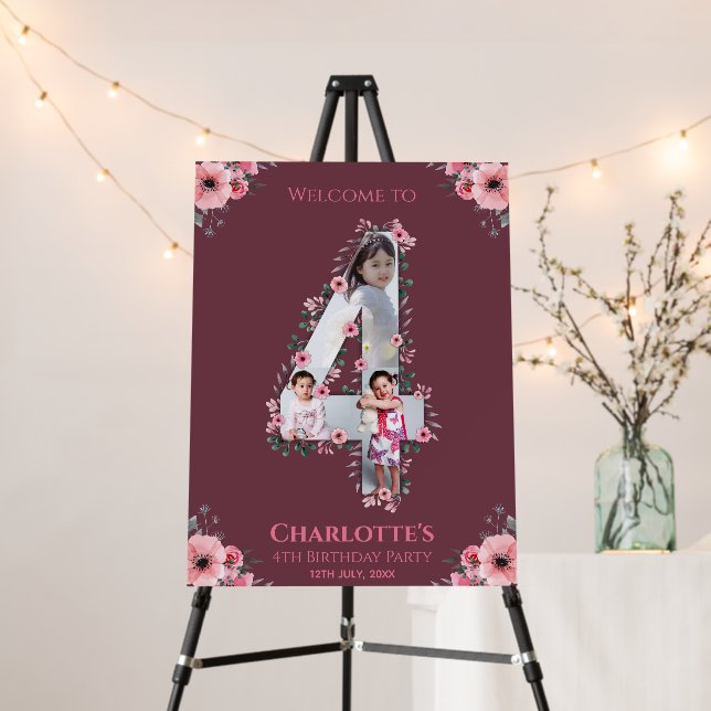 Big 4th Birthday Girl Photo Pink Flower Welcome Foam Board (In Situ (Stand))