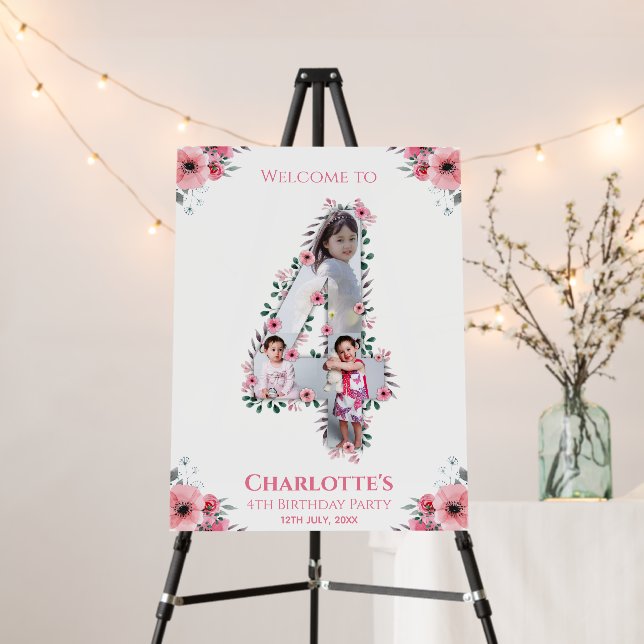 Big 4th Birthday Girl Photo Pink Flower Welcome Foam Board (In Situ (Stand))