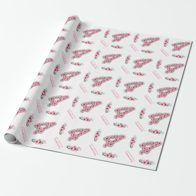 Big 4th Birthday Green Foliage Girl Pink Flowers Wrapping Paper (Unrolled)
