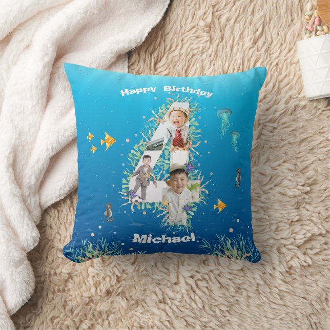 Big 4th Birthday Photo Collage Under The Sea Throw Pillow (Blanket)