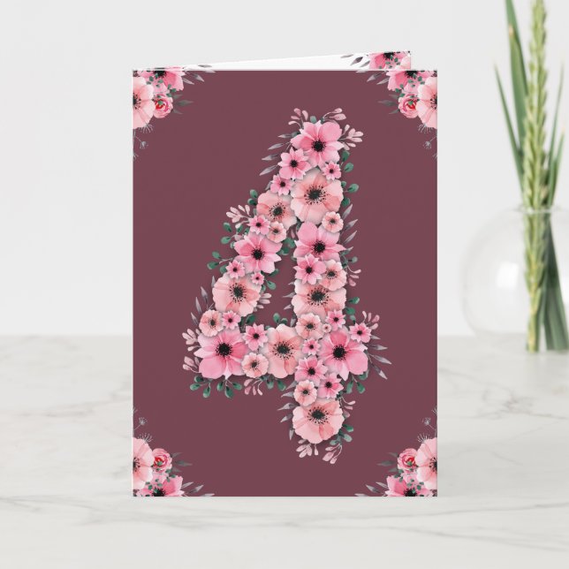 Big 4th Birthday Pink Flowers Green Foliage Girl Card (Front)