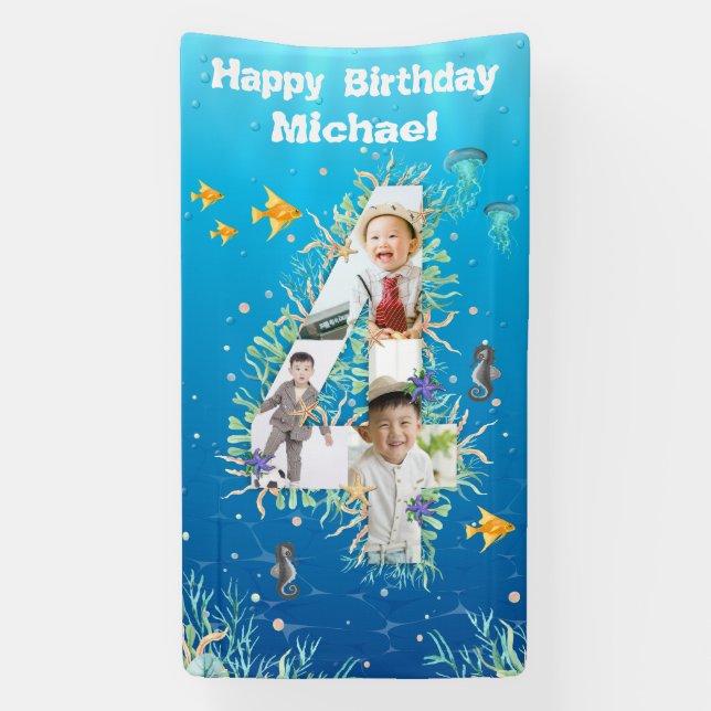 Big 4th Birthday Under The Sea Photo Collage Banner (Vertical)