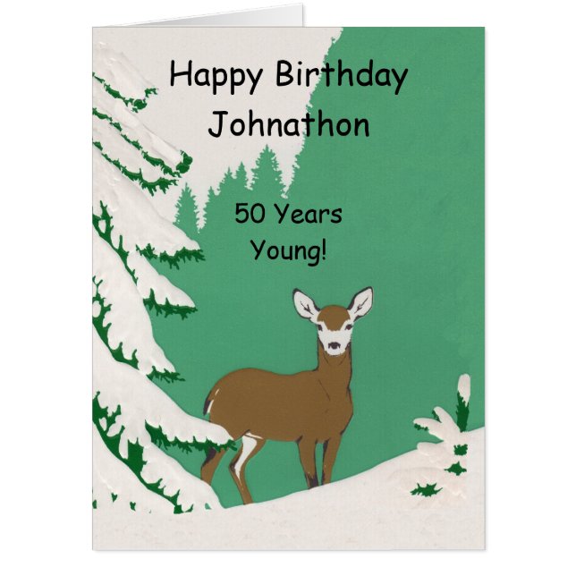 Big 50 Birthday Female Deer Pine Tree Green Card (Front)